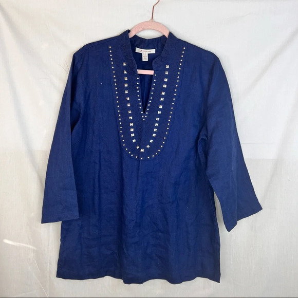 JM Collection Tunic Blouse Womens Sz 16 Embroidered Beaded Navy Blue 100% Linen - Picture 1 of 12